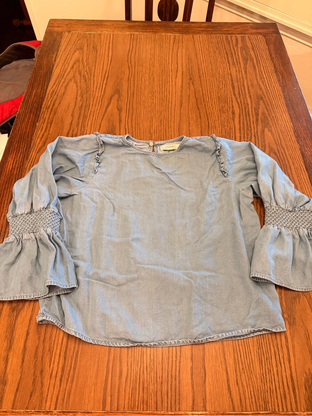 Zara Light Blue Chambray Ruffle-Sleeve Top